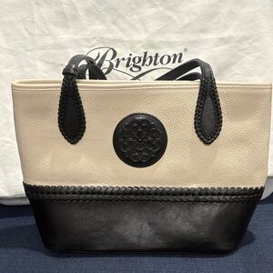 Brighton Cream and Black Leather Braided-Trim Tote